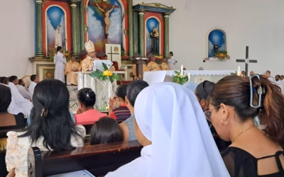 Bispu Dioseze Baukau, Dom Leandro Maria Alves, hato'o omília bainhira sai selebrante ba misa São José nu'udár Mahein ba Dioseze Baukau, iha Igreja Katedrál, Vila Antiga, Baukau, Kuarta (19/03/2025). Imajen Tatoli/Natalino Belo