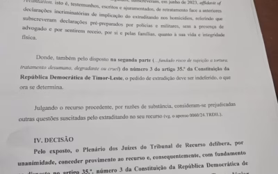 Plenáriu husi juíz Tribunál Rekursu delibera unanimidade tuir fundamentu artigu 35 númeru 3 iha Konstituisaun RDTL, rekuza pedidu estradisaun ba Arnolfo Alipit Teves Junior.